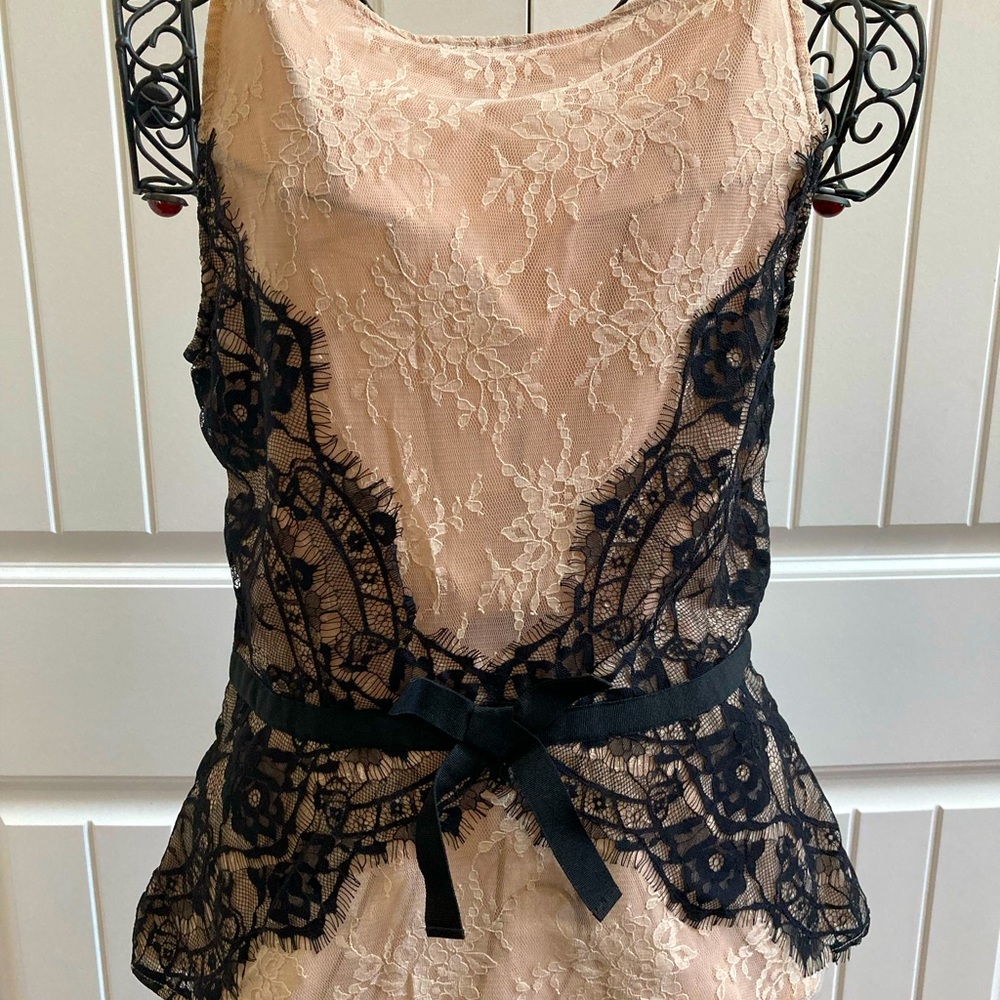 LOFT Lace Cream & Black Top with Ribbon Detail
